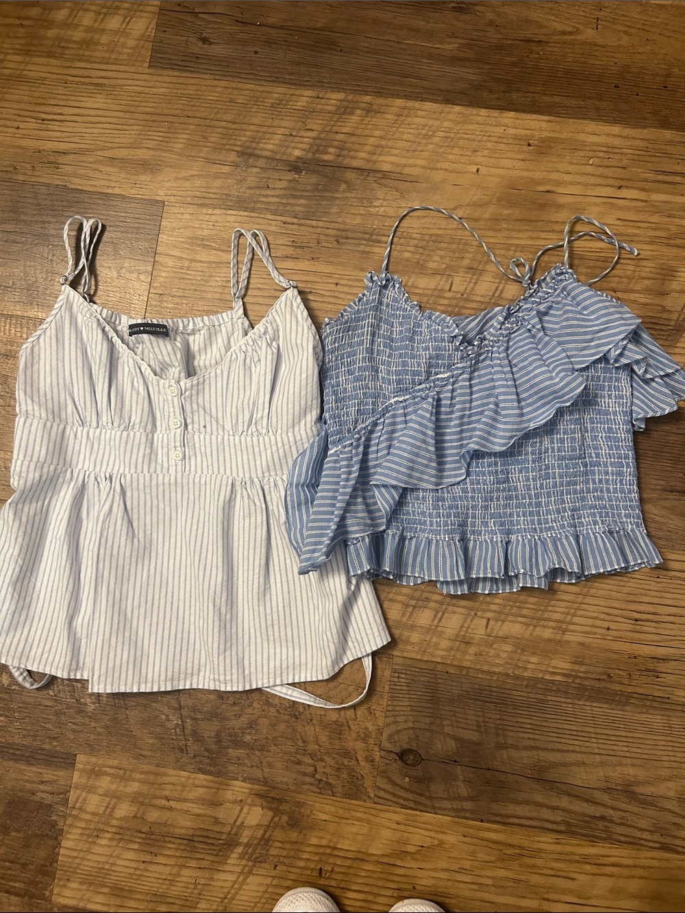 cinq a sept & Brandy Melville Blue and White Striped Smocked Ruffle Camisole